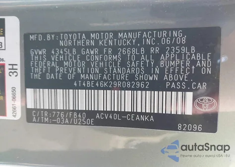 2009 Toyota Camry Le z USA, uszkodzony, nr VIN 4T4BE46K29R082962